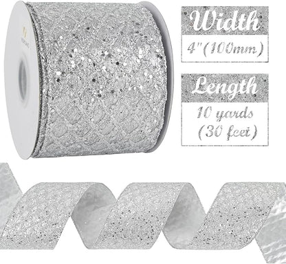 HUIHUANG Silver Christmas Ribbon 4 inch Silver Glitter Wired Ribbon Diamond - Image 3