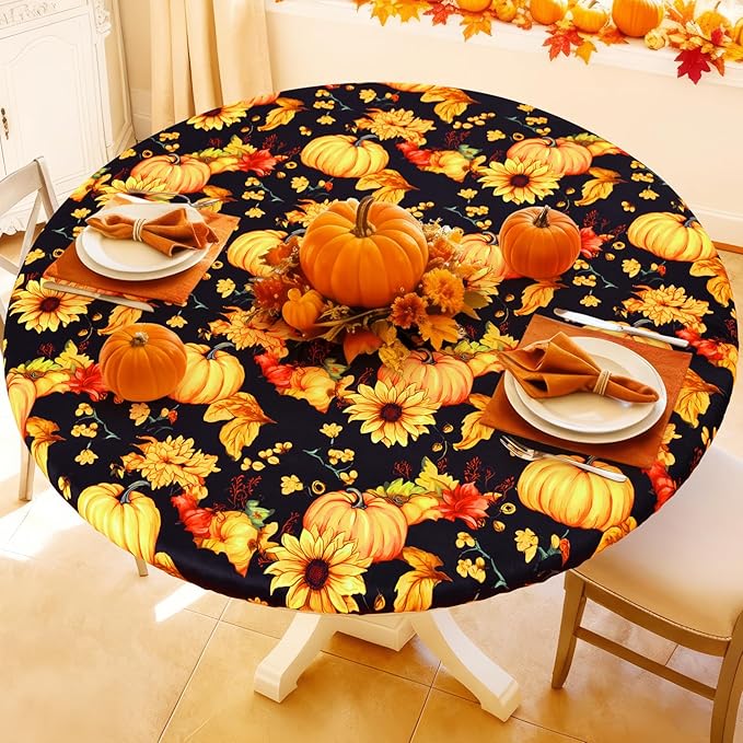 Round Spandex Thanksgiving Tablecloth, Elastic Fitted Waterproof Tablecloths by Moosfor