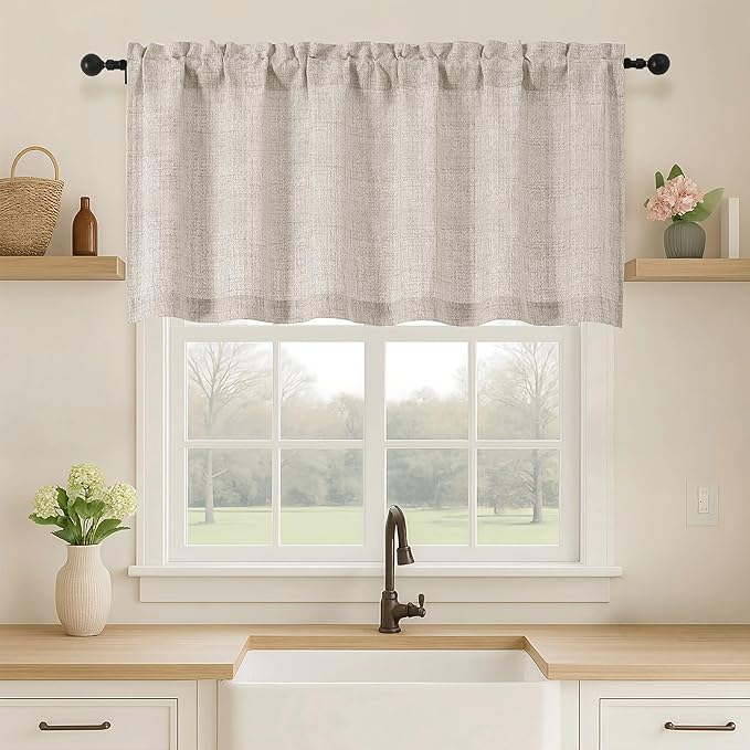 OVZME Valance for Windows, Light Filtering Faux Linen Textured Small Cafe by OVZME