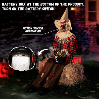 Halloween Animatronics Decorations Scary Sitting Scarecrow with Candy Bag, 55'' Animated Jumpscare Halloween Props with Sound & Motion Activated, Lighted Eyes, Creepy Sound for Haunted House Outdoor