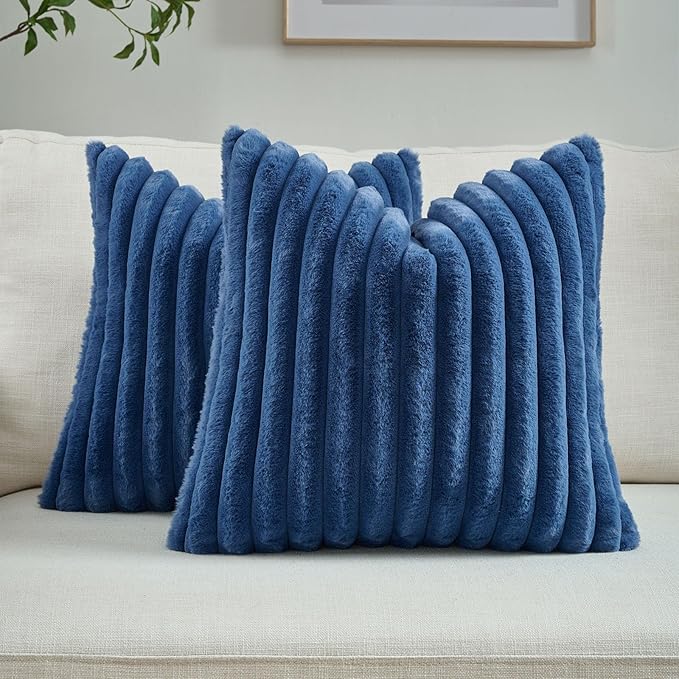 FUTEI Navy Blue Throw Pillow Covers Set of 2, 22x22 Inch Striped Texture by FUTEI