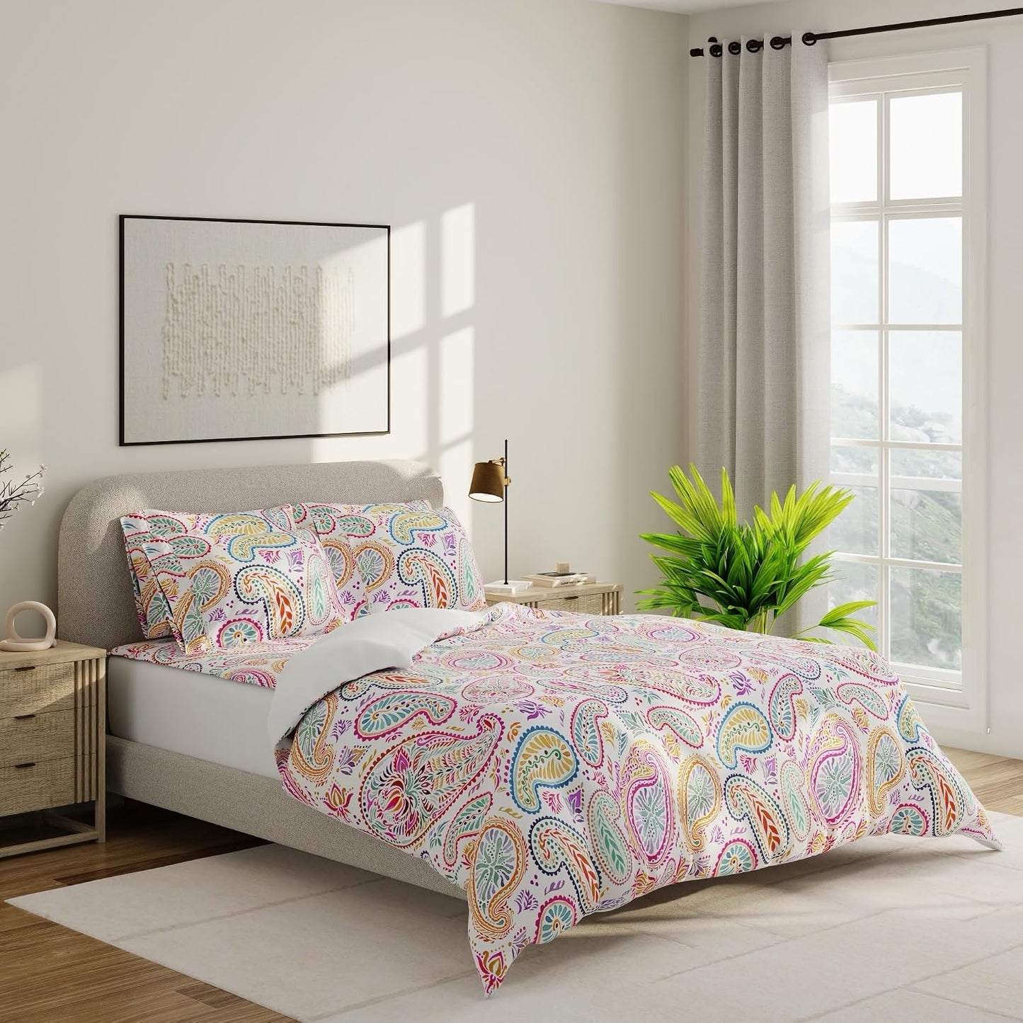 QuickZip Duvet Cover with Zipper Closure – Ultra Soft Long-Staple 100% Cotton, Oeko-Tex Certified, Durable Interior Corner Ties, Corner Clips, Full/Queen, Reversible Paisley/White (Sateen)