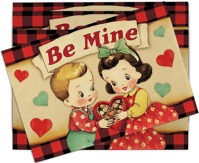 Vintage Valentines Day Kids Placemats Set of 4, Retro Boy Girl Red Blue Love by Croar