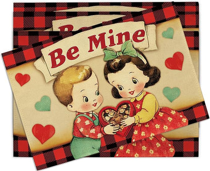 Vintage Valentines Day Kids Placemats Set of 4, Retro Boy Girl Red Blue Love by Croar
