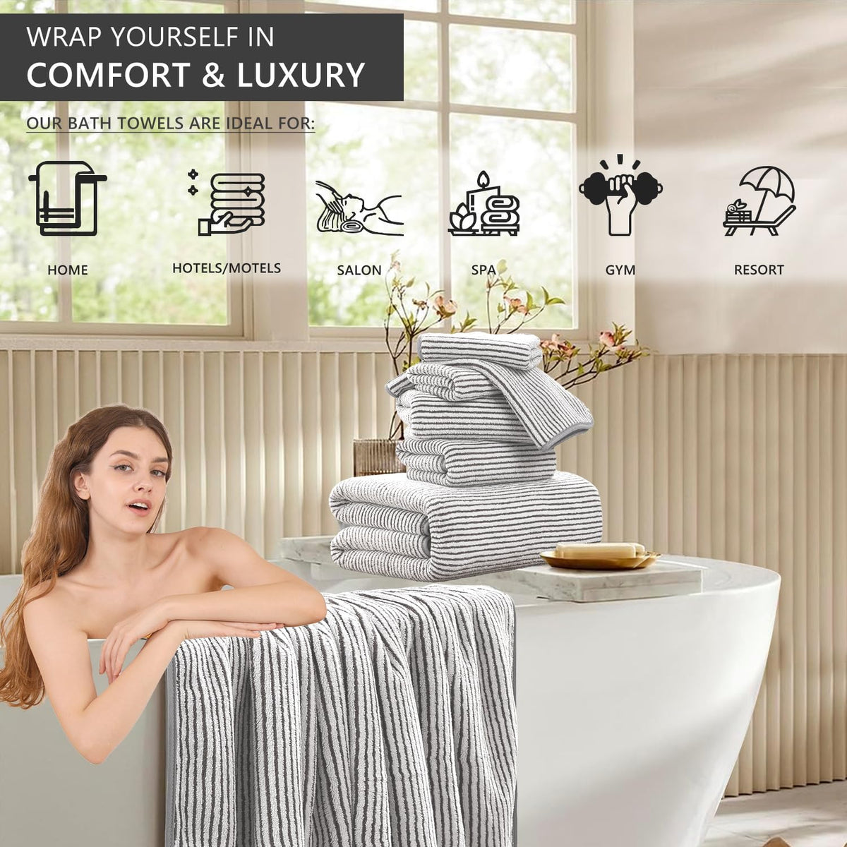 4 piece bath towel set 35"x70"oversized bath towel on a desk or shelf