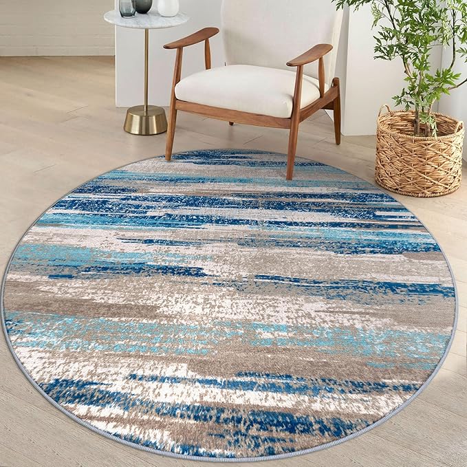 Modern Abstract Round Rug 5Ft, Circular Dining Room Rugs Thin Print Faux Wool by lansny