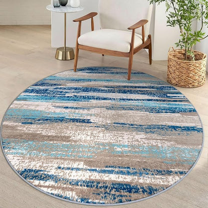 Modern Abstract Round Rug 5Ft, Circular Dining Room Rugs Thin Print Faux Wool by lansny