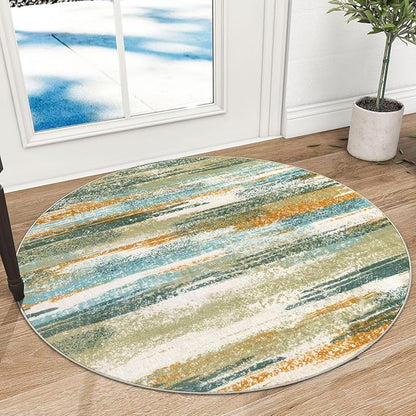 Modern Abstract Round Rug 3Ft, Circular Entryway Rug Thin Print Faux Wool Carpet by lansny