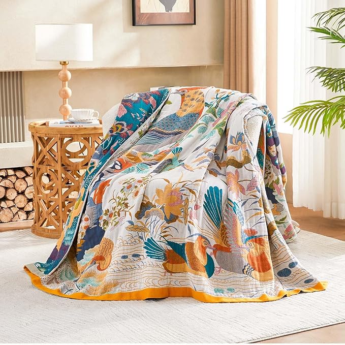 Fall Throw Blanket for Couch, 100% Cotton Muslin Breathable Woven Farmhouse - Image 2
