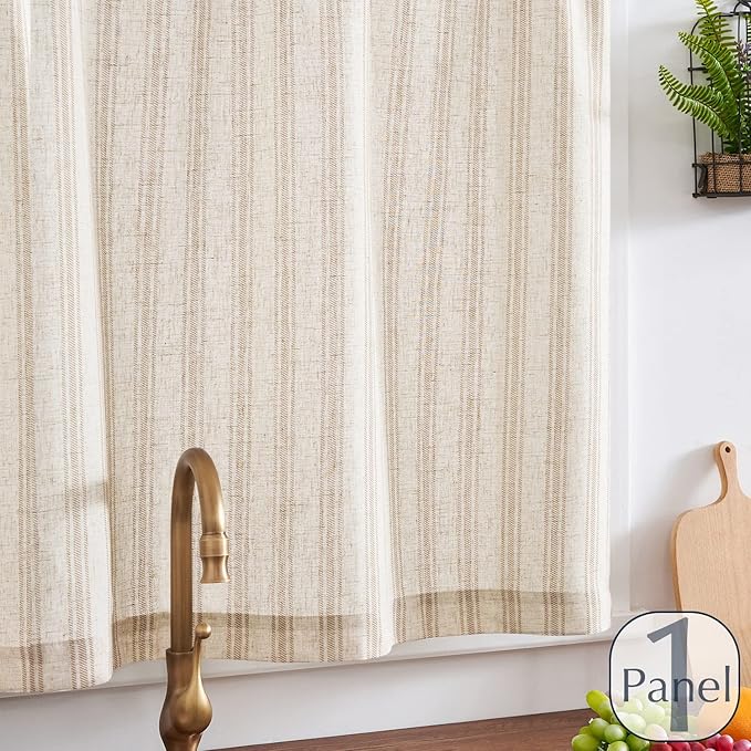 jinchan Tan Striped Kitchen Curtain Linen Farmhouse Cafe Curtain 36 Inch Tiers - Image 3