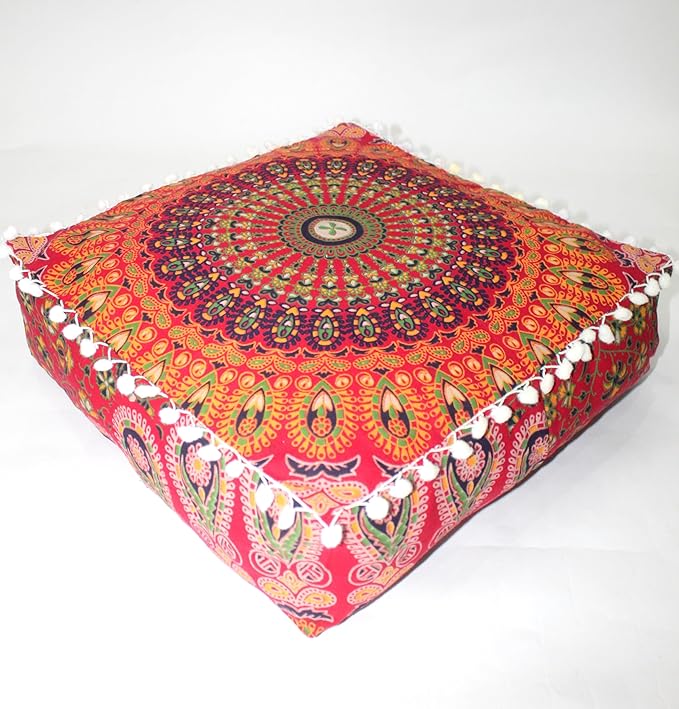 CRAFT KALA Red Peacock Large Hippie Mandala Meditation Floor Ottoman Pillow by CRAFTKALA