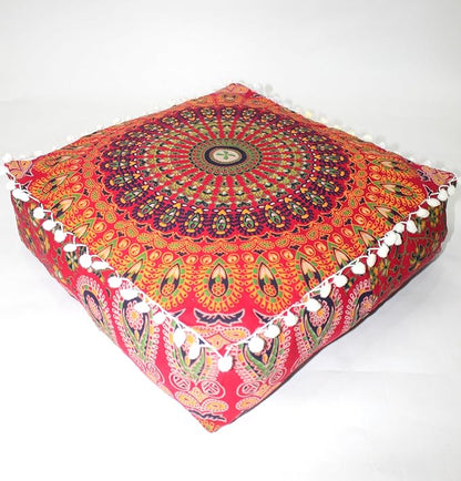 CRAFT KALA Red Peacock Large Hippie Mandala Meditation Floor Ottoman Pillow by CRAFTKALA