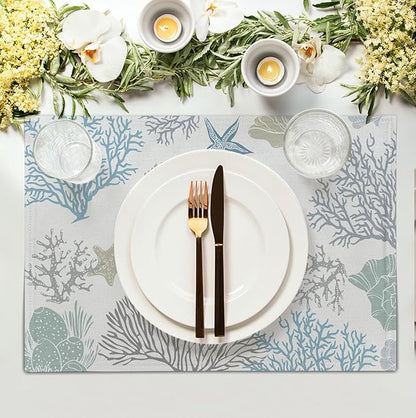 Summer Linen Placemats Set of 4 Nautical Coastal Theme Washable Non-Slip Heat - Image 3