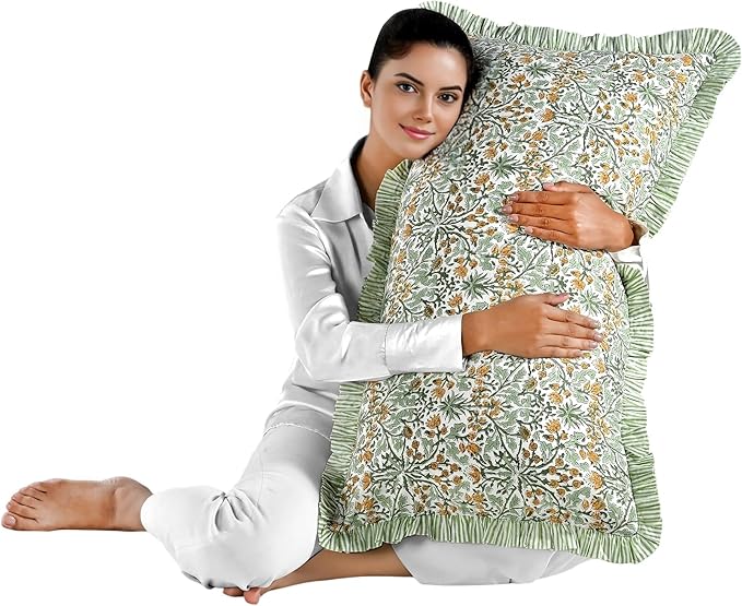 Ridhi Goldenrod Yellow 100% Cotton Block Print Ruffle Sham Cover Handmade Boho - Image 7