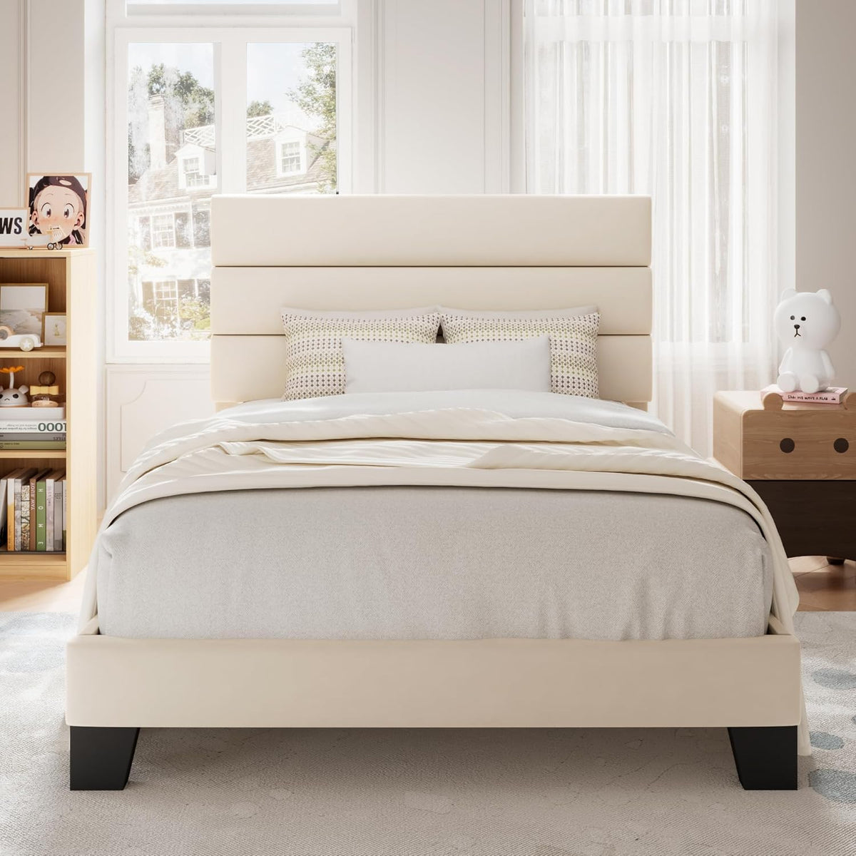 allewie twin size platform bed frame with fabric shown in use