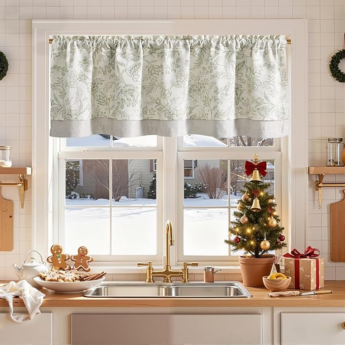 jinchan Linen Valance Curtain Farmhouse Floral Printed Small Window Curtain by JINCHAN