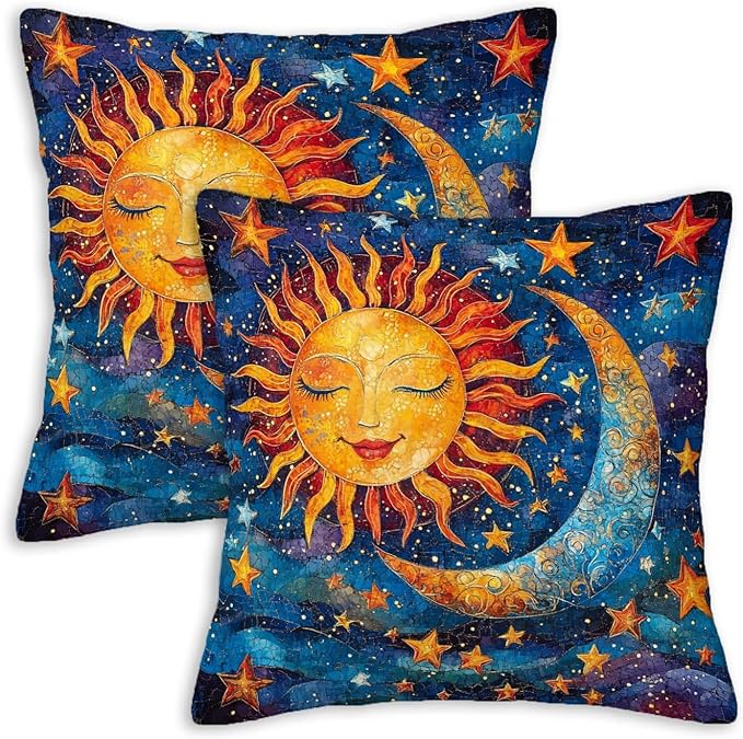 Sun and Moon Throw Pillow Covers Set of 2 | 18x18 Inches Cushion Cases by Unknown