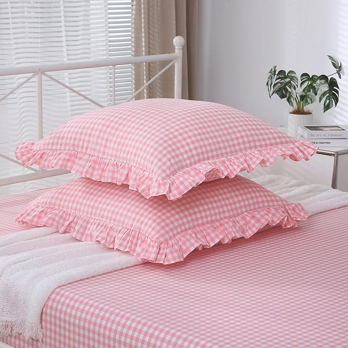 2 Pack Coral Pink White Plaid Ruffle Euro Throw Pillow Covers, 100% Washed - Image 3
