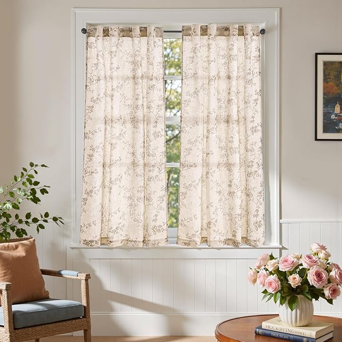 jinchan Floral Kitchen Curtains 54 Inch Linen Tier Curtains Farmhouse Cafe Half - Image 4