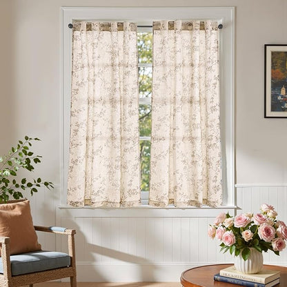 jinchan Floral Kitchen Curtains 54 Inch Linen Tier Curtains Farmhouse Cafe Half - Image 4