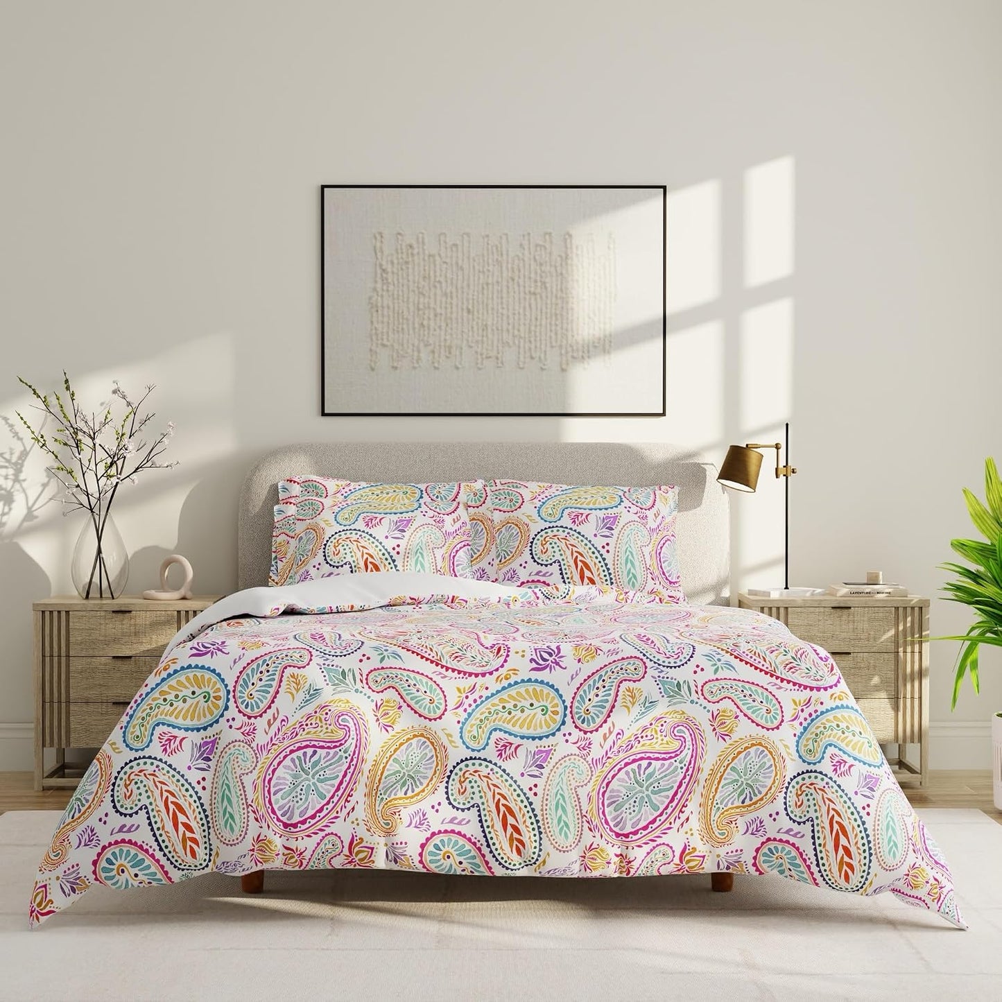 QuickZip Duvet Cover with Zipper Closure – Ultra Soft Long-Staple 100% Cotton, Oeko-Tex Certified, Durable Interior Corner Ties, Corner Clips, Full/Queen, Reversible Paisley/White (Sateen)