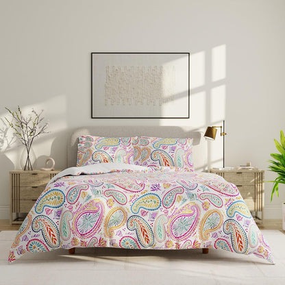QuickZip Duvet Cover with Zipper Closure – Ultra Soft Long-Staple 100% Cotton, Oeko-Tex Certified, Durable Interior Corner Ties, Corner Clips, Full/Queen, Reversible Paisley/White (Sateen)