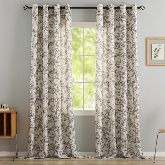 Floral Linen Blend Curtains for Living Room 96 Inches Long Flower Printed by Conkov