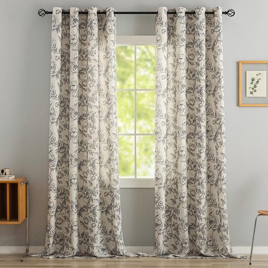 Floral Linen Blend Curtains for Living Room 96 Inches Long Flower Printed by Conkov