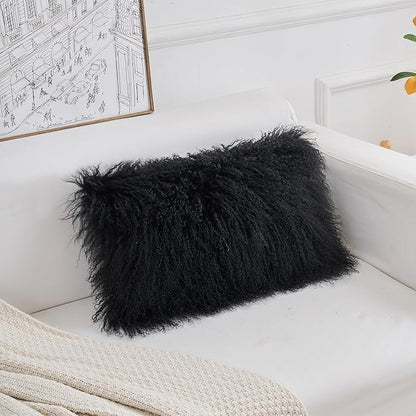 Genuine Mongolian Lamb Fur Pillow Cover – 12"x20" Rectangular Cushion Case – - Image 3