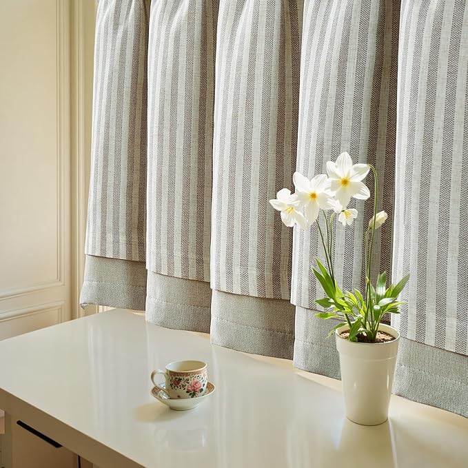 jinchan Double Layer Striped Linen Kitchen Tier Curtain Rustic Cafe - Image 6