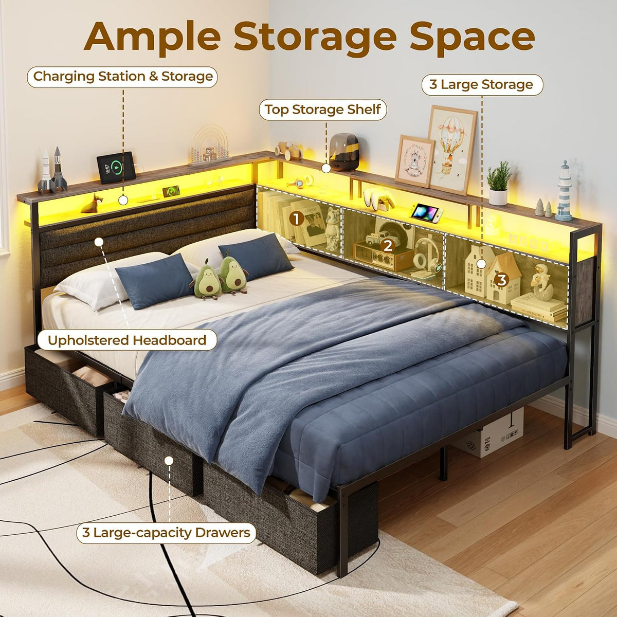 ourpic full corner bed frame with 3 storage, package contents