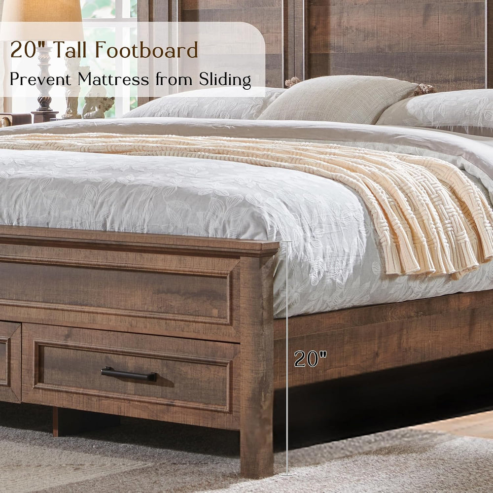 ACCOHOHO Farmhouse Queen Size Bed Frame with 53" Tall Headboard Light Brown