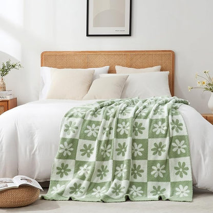 Snuggle Sac Checkered Blanket, Sage Green Flower Throw Blanket - Image 6