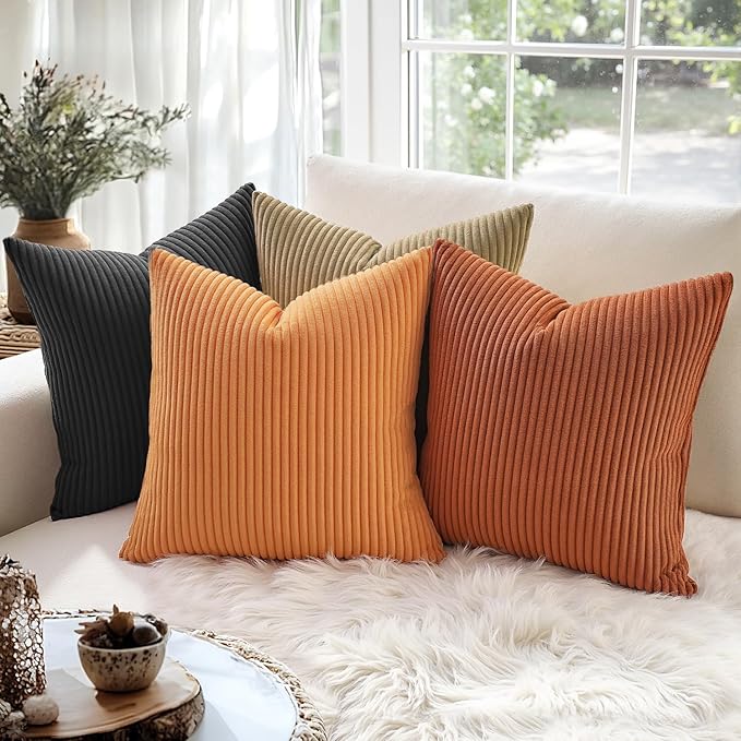 MIULEE Pack of 2 Burnt Orange Pillow Covers 20x20 Inch Soft Striped Corduroy - Image 3