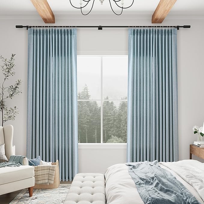 Light Blue Pinch Pleated Linen Curtains 112 Inches 2 Panels - Image 8