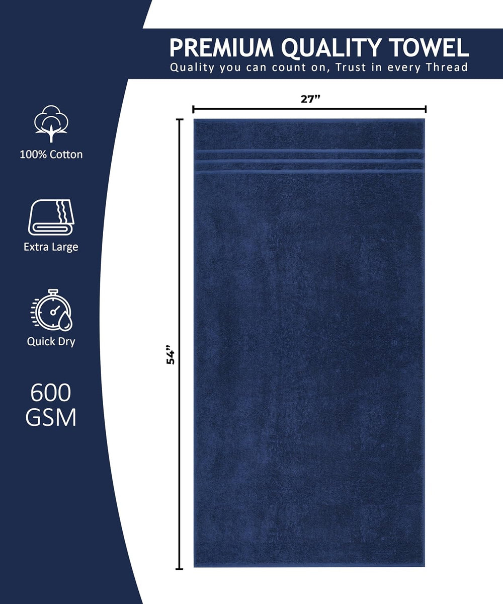 4 Pieces Large Bath Towels Set, 27x54 Inches, Navy Blue