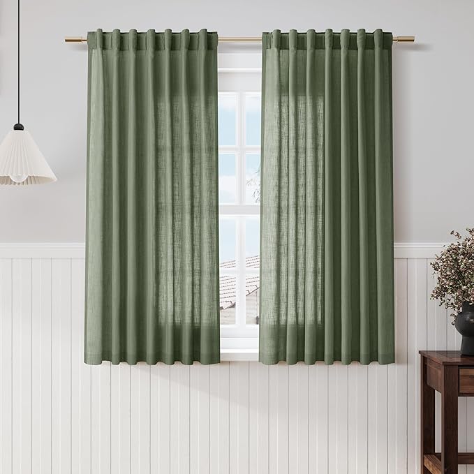 Nanspring Olive Green Linen Sheer Curtains 54 Inch Length 2 Panel Set Back Tab by Nanspring