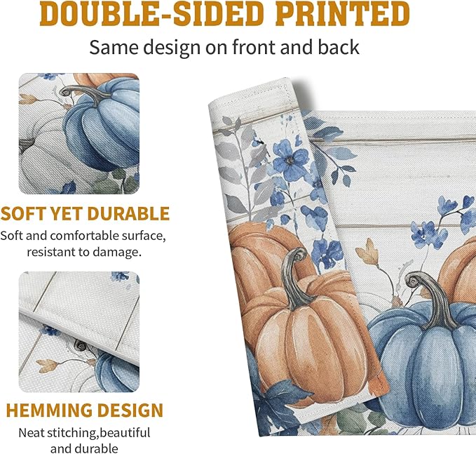 Autumn Placemats Blue Pumpkin Fall Place Mat Eucalyptus Leaves Floral Wood - Image 5