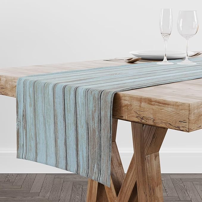 Vintage Table Runner Blue Wood Planks Texture Rustic Country Farmhouse Barn - Image 2