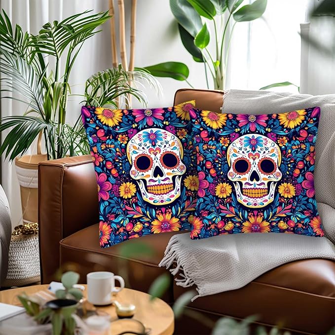 Sugar Skull Pillow Covers 18x18 Set of 2, Day of The Dead Halloween Cushion - Image 2