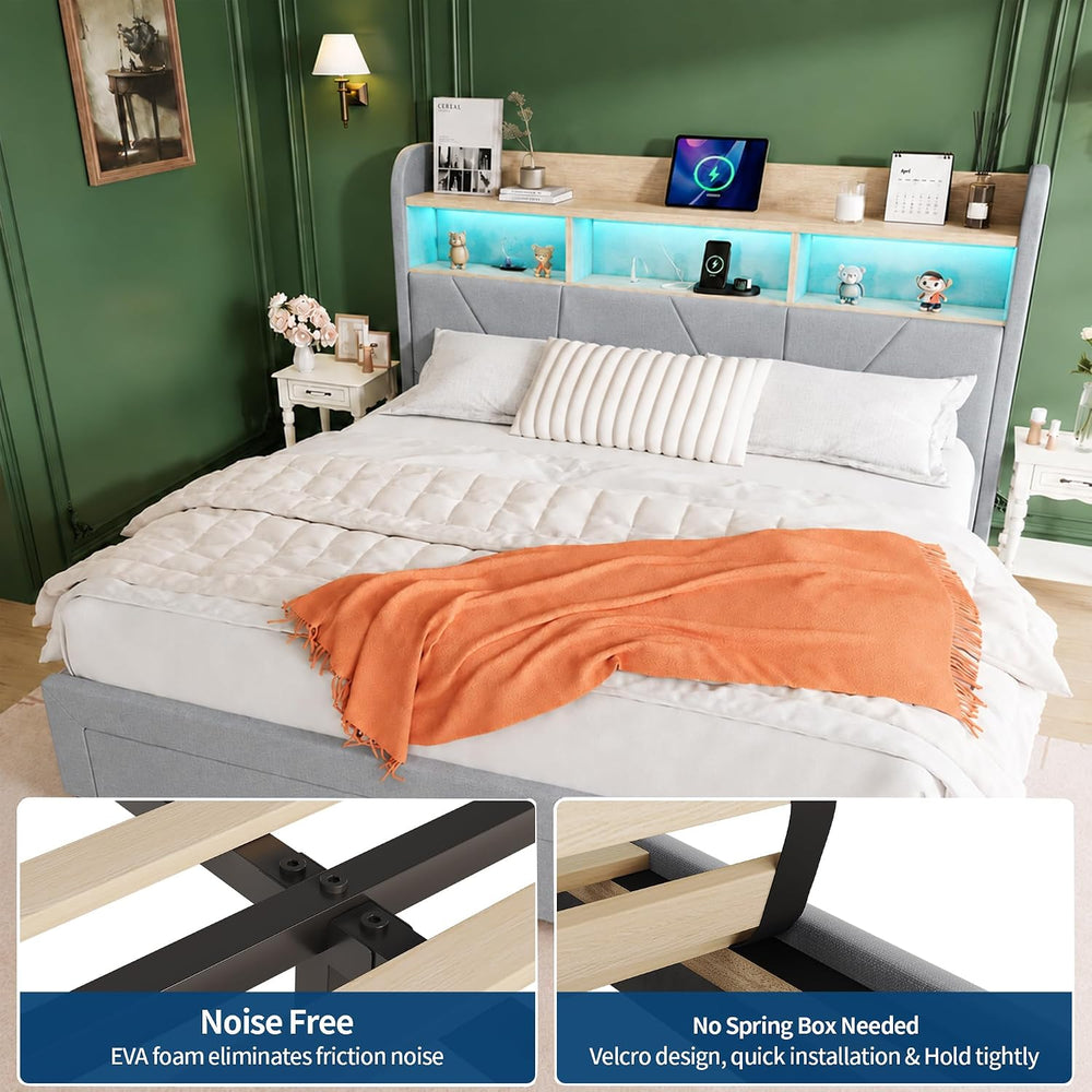 Garvee Twin Size Upholstered Bed Frame with 2 Drawers and LED Lights, Grey