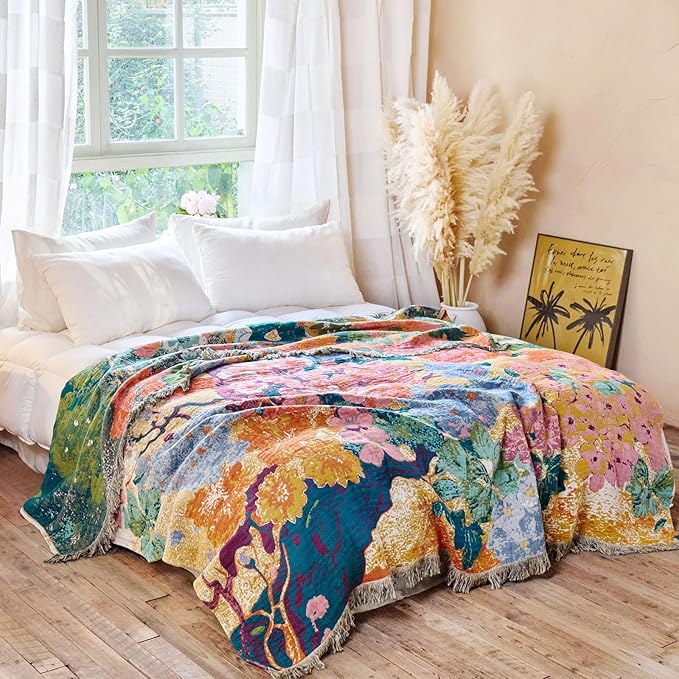 MSGKV Boho Throw Blanket for Bed 60"x80" Cotton Floral Twin Size Couch Blankets - Image 5