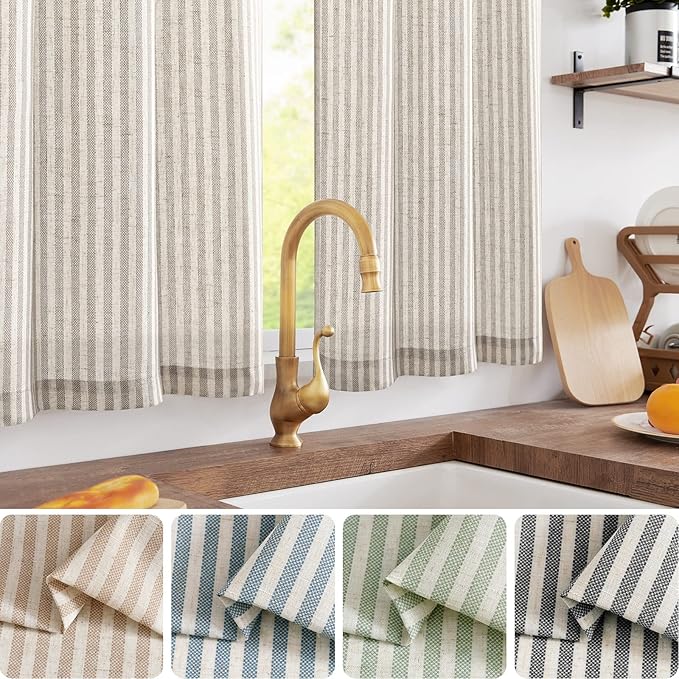 jinchan Striped Linen Kitchen Curtains 30 Inches Tier Curtains Farmhouse Modern - Image 2