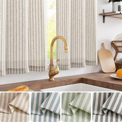 jinchan Striped Linen Kitchen Curtains 30 Inches Tier Curtains Farmhouse Modern - Image 2