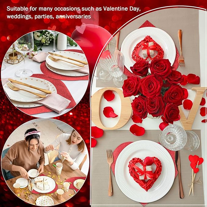 MixTeach 60 Pack Valentine's Day Glitter Heart Placemats Red Sparkle Paper - Image 6