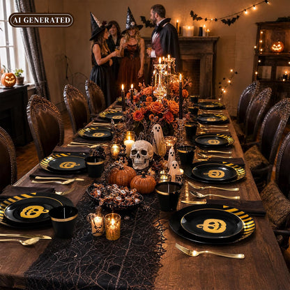 KIRE 25 Guest Halloween Plates Black Gold Plastic Plates Smiley Pumpkin include 50PCS Black &150PCS Gold Plastic Silverware&25PCS Clear Black Cups for Halloween Party