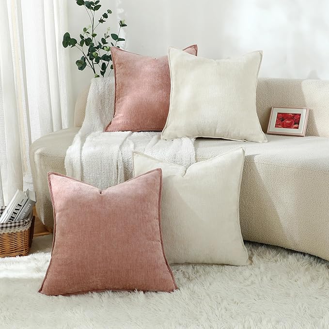 Stellhome Soft Decorative Chenille Pillow Covers 18x18 Inch Natural Pink Boho - Image 6
