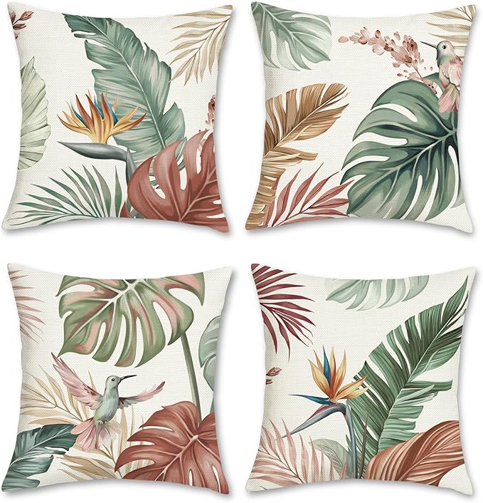 Bonhause Tropical Leaves Throw Pillow Covers 18 x 18 Inch Watercolor Leaf Bird by Bonhause