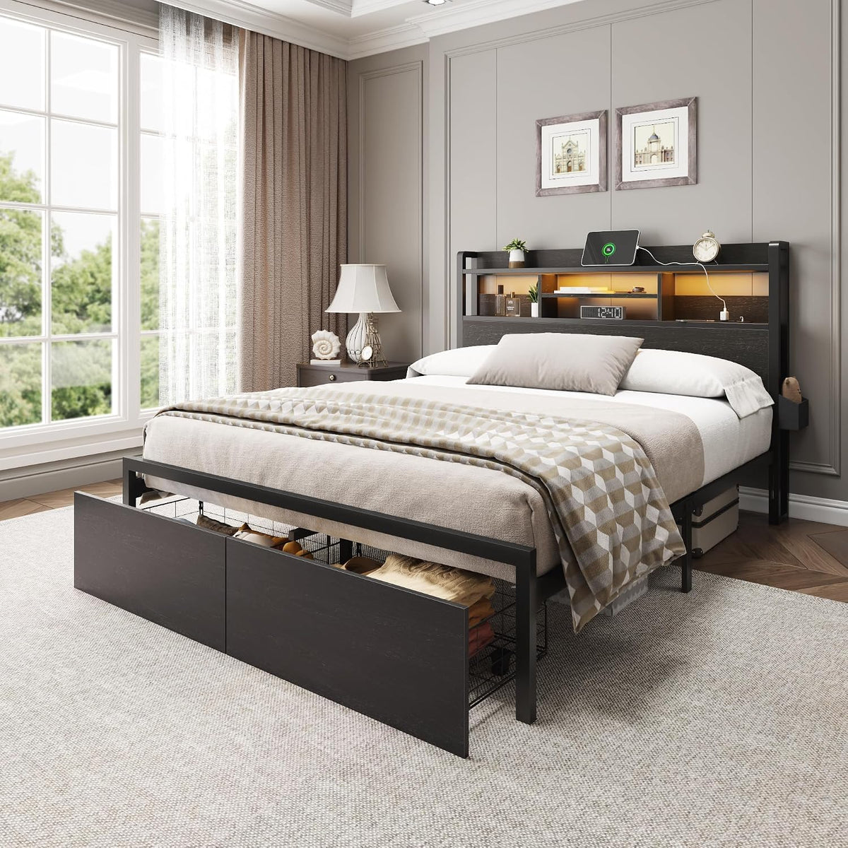 furnulem full size bed frame with headboard and on a desk or shelf