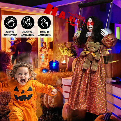 Scary Halloween Decorations Outdoor, Halloween Hanging Swinging Girl Ghots Decor with Creepy Sound and Light Up Eyes Sound, Creepy Props for Yard Trees Graveyard Haunted House Indoor Outside